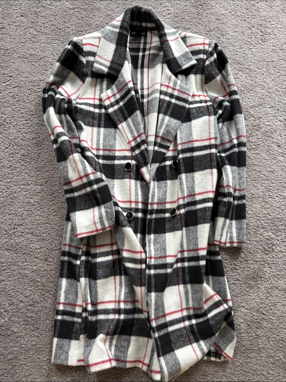 Women's Double-Breasted Plaid Trench Coat - Black, White & Red Stripe
